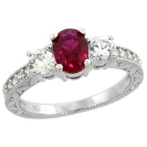 Sterling Silver Oval Ruby 3 stone Engagement Ring